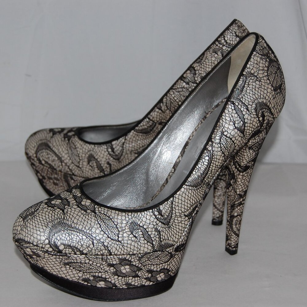 US10 ❤️ CASADEI Leather Black/White Mesh HIGH HEELS Platform Pumps ITALY
